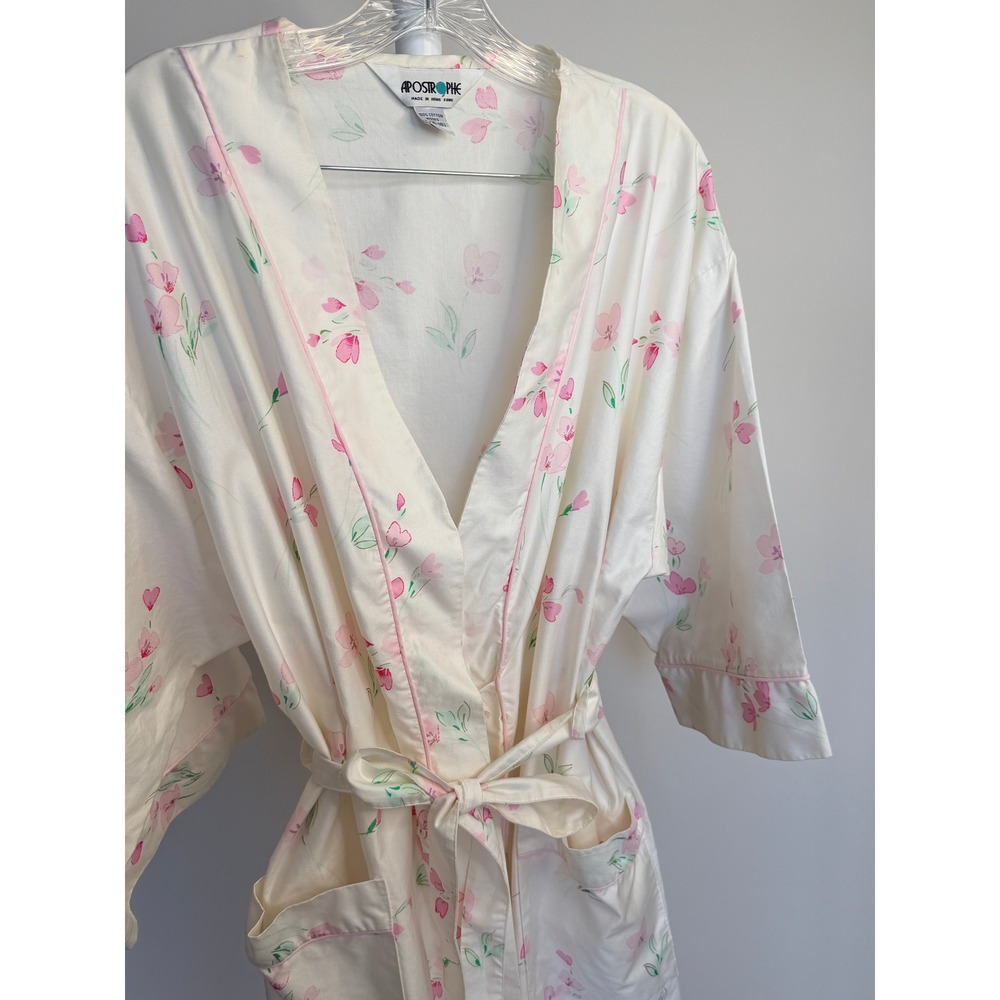 Apostrophe Vintage Floral 100% Cotton Robe Cream Pink Long Wrap Loungewear L - Picture 4 of 6